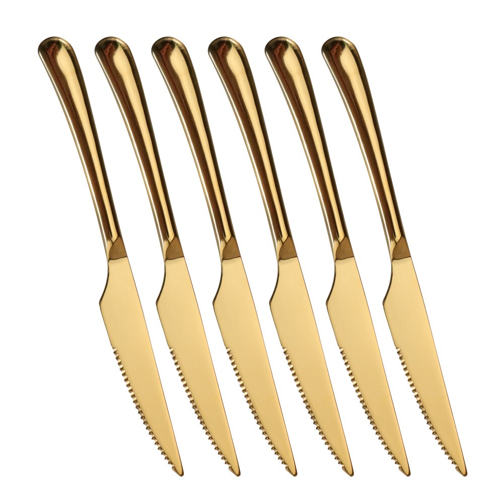 6pcs/set Stainless Steel Steak Knife With Long Handle Titanium Plating Gold Dinner Knives Luxurious Western Flatwares: 6pcs gold