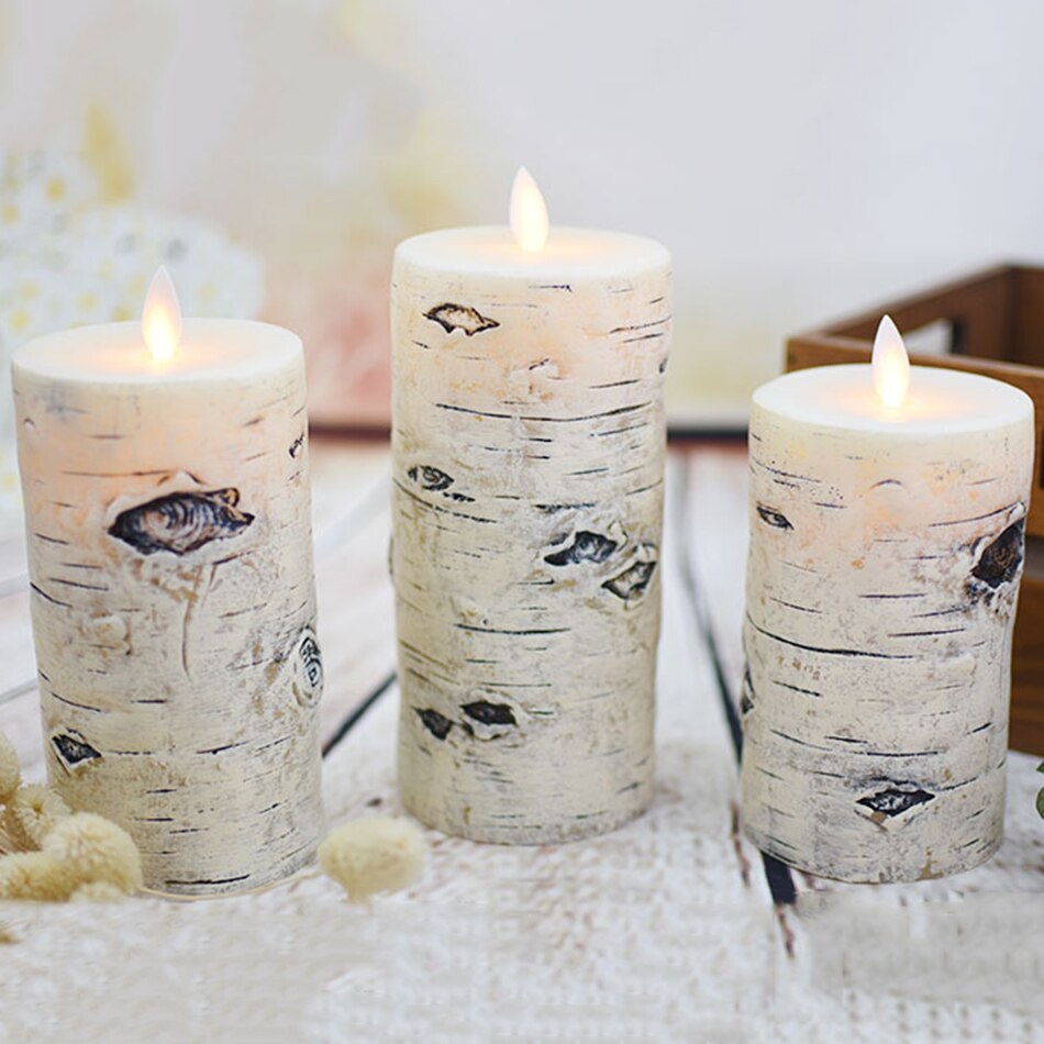 Luces tipo vela de LED tipo pilar con efecto de corteza de abedul, vela led de cera de parafina con batería para decoración de iluminación de Navidad., luz nocturna para el hogar