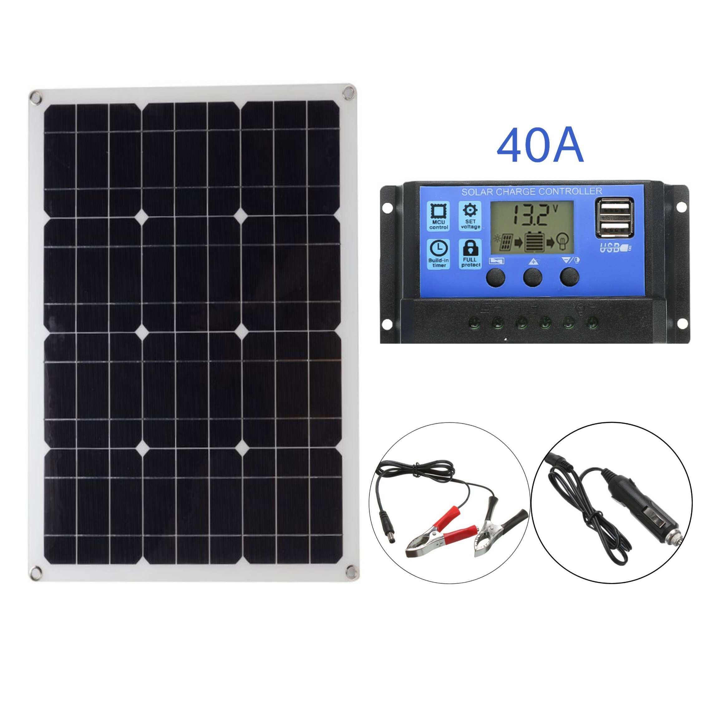 12V Solar Panel50W double USB Output Solar battery Panel Solar For Tourist Mountaineering 10/20/30/40/50A controller Waterproof: with 40A controller