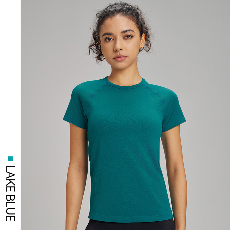 T-Shirt de sport à manches courtes pour femmes, dix couleurs, séchage rapide, sweat-shirt respirant, vêtements de Fitness, couleur unie, Yoga, haut à manches courtes: XL / Bleu