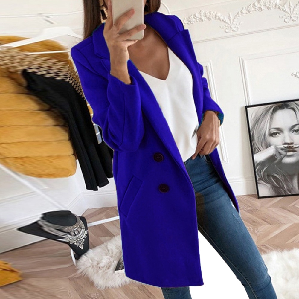 ELSVIOS Herfst Winter Turn-Down Kraag Blend Jas Vrouwen Lange Wollen solid Jasje Vrouwelijke Toevallige knoppen Jas Windbreake 5XL