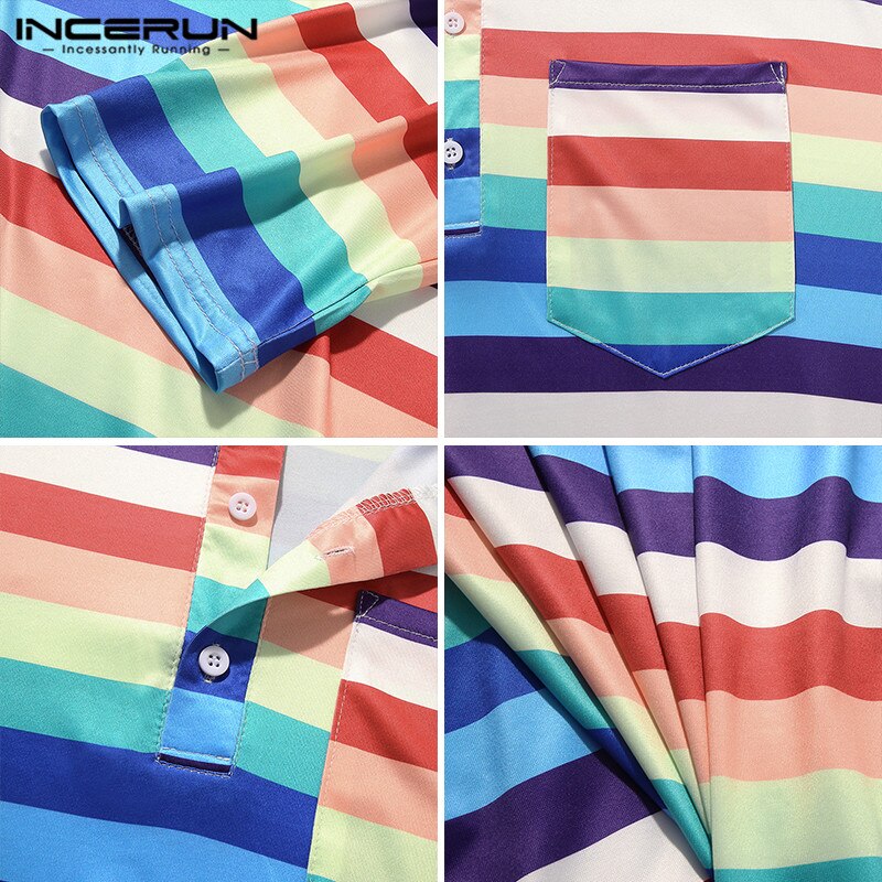 INCERUN Men Robes Striped Colorful Leisure O Neck Long Sleeve Bathrobes Loose Nightgown Comfortable Soft Men Dressing Gown S-5XL