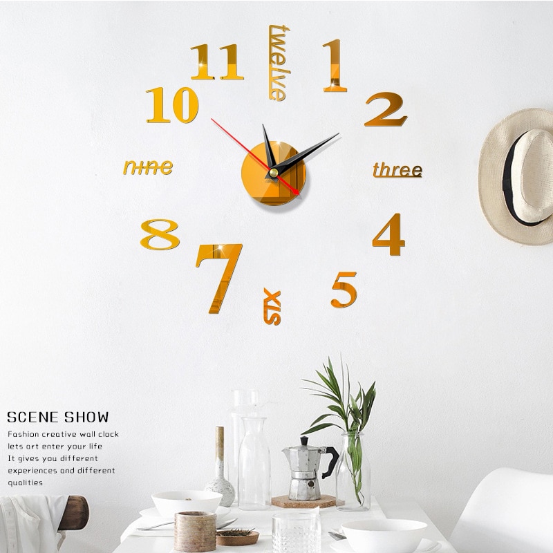 Large Wall Clocks Watch DIY Mirror Wall Clock 3D Sticker Home Office Room Decoration Quartz Needle Clock: deep gold