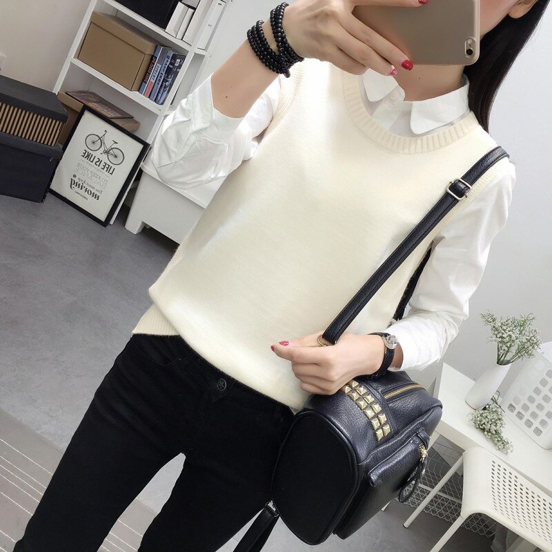 Ærmeløs vest sweater dame preppy stil look rund hals side åbning slids strikket vest pullovers t jumper kvinde strik sweater: Beige vest