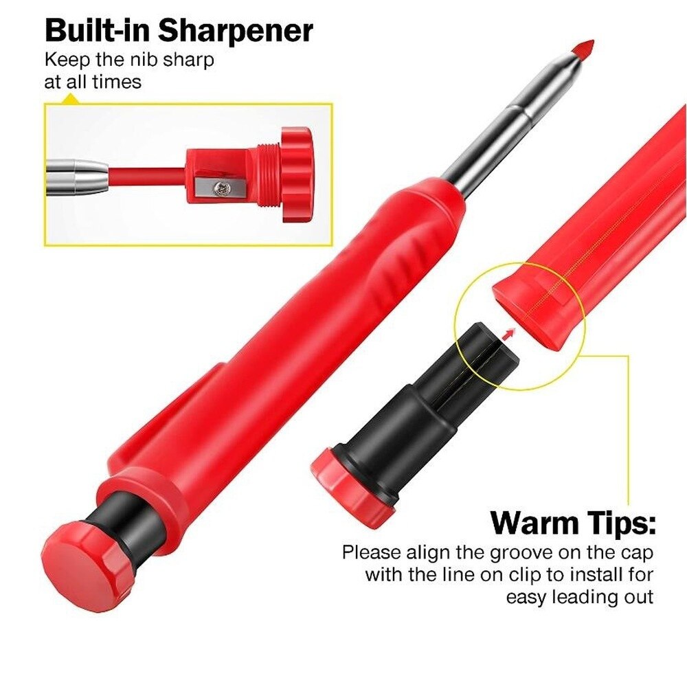 Solid Carpenter Pencil Set with Refill Leads Built-in Sharpener Deep Hole Mechanical Pencil Marker Tool Woodworking Marker Set
