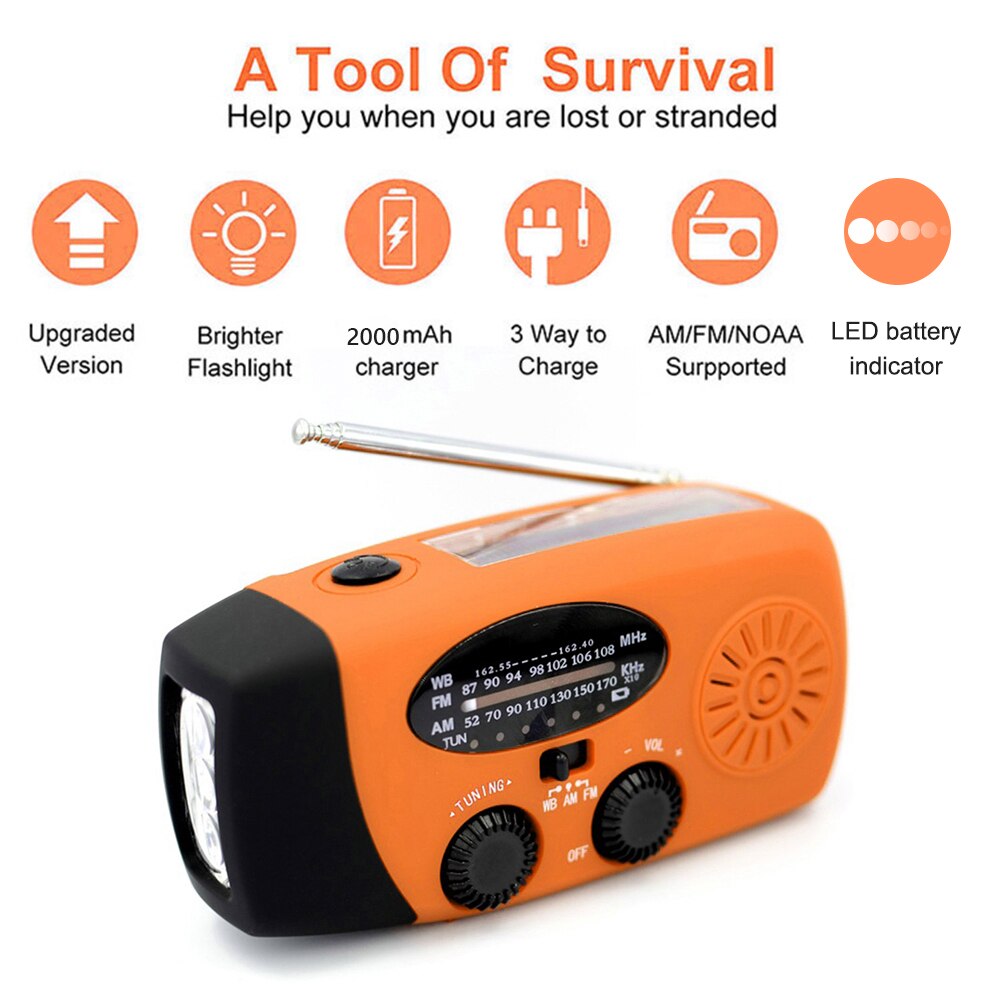 2000Mah Portable Hand Radio Solar Crank Dynamo Powered Am/Fm/Noaa Weather Radio Gebruik Emergency Led Zaklamp en Power Bank: Orange C