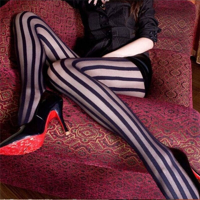 Women Sexy Skinny Stockings Breathable Vertical Stripe Transparent Cross Bandage Pantyhose Stockings