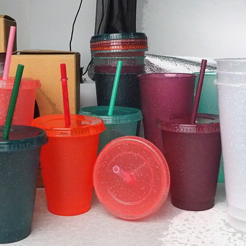 5Pcs/Set Reusable Straw Cup Sequined Glitter Cup Plastic Tumbler With Lid Reusable Plastic Cup Tumbler Cup