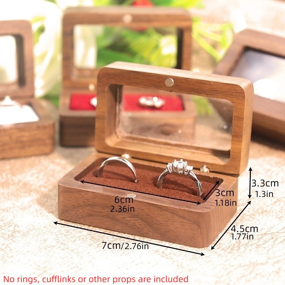 Caja de anillo de madera con doble ranura, ventana de apertura Rectangular, caja de gemelos de nogal negro, exquisito soporte para anillo de joyería a prueba de polvo