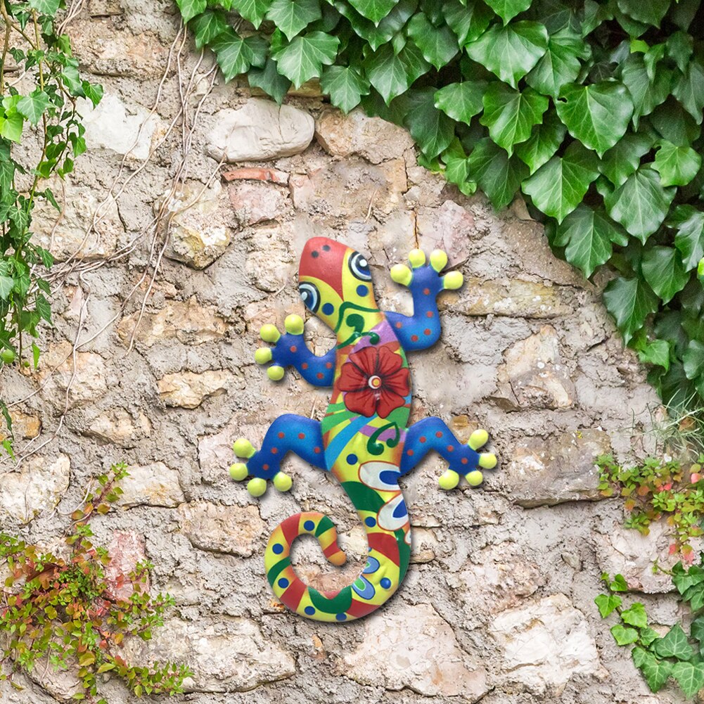Gecko – décoration d&#39;extérieur en fer, Sculpture de lézard en métal suspendu pour Patio, décorations d&#39;extérieur en métal pour clôture murale de Patio