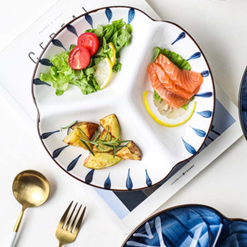 FANCITY Japanese-style ceramic sub-divided dinner plate, household children's three-compartment sub-plate, breakfast plate for o