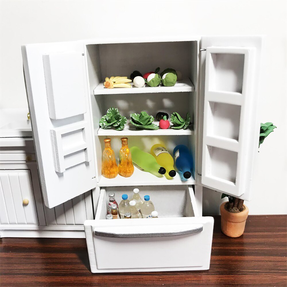 1/12 dukkehus miniature tilbehør mini træ dobbeltdør køleskab simulering køleskab model legetøj til dukkehus dekoration