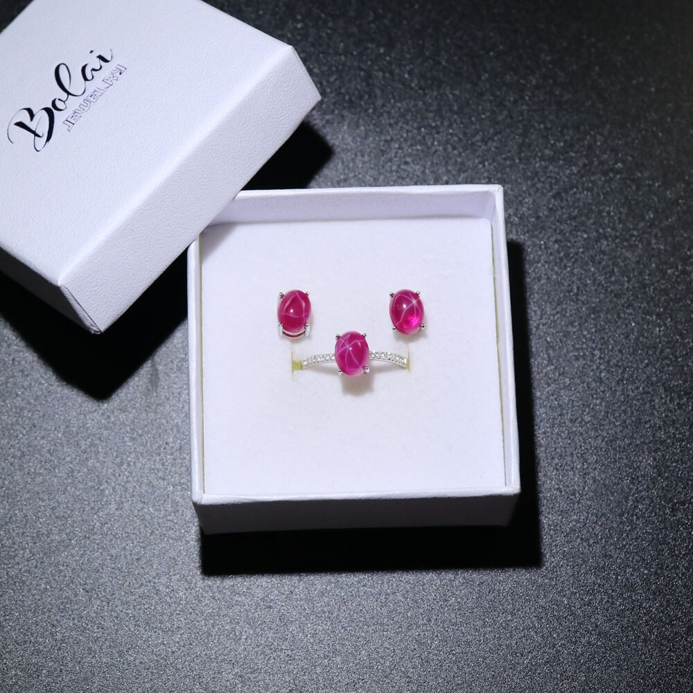 Simple created starlight ruby jewelry set earrings and ring with 925 sterling silver fine jewelry bolaijewelry