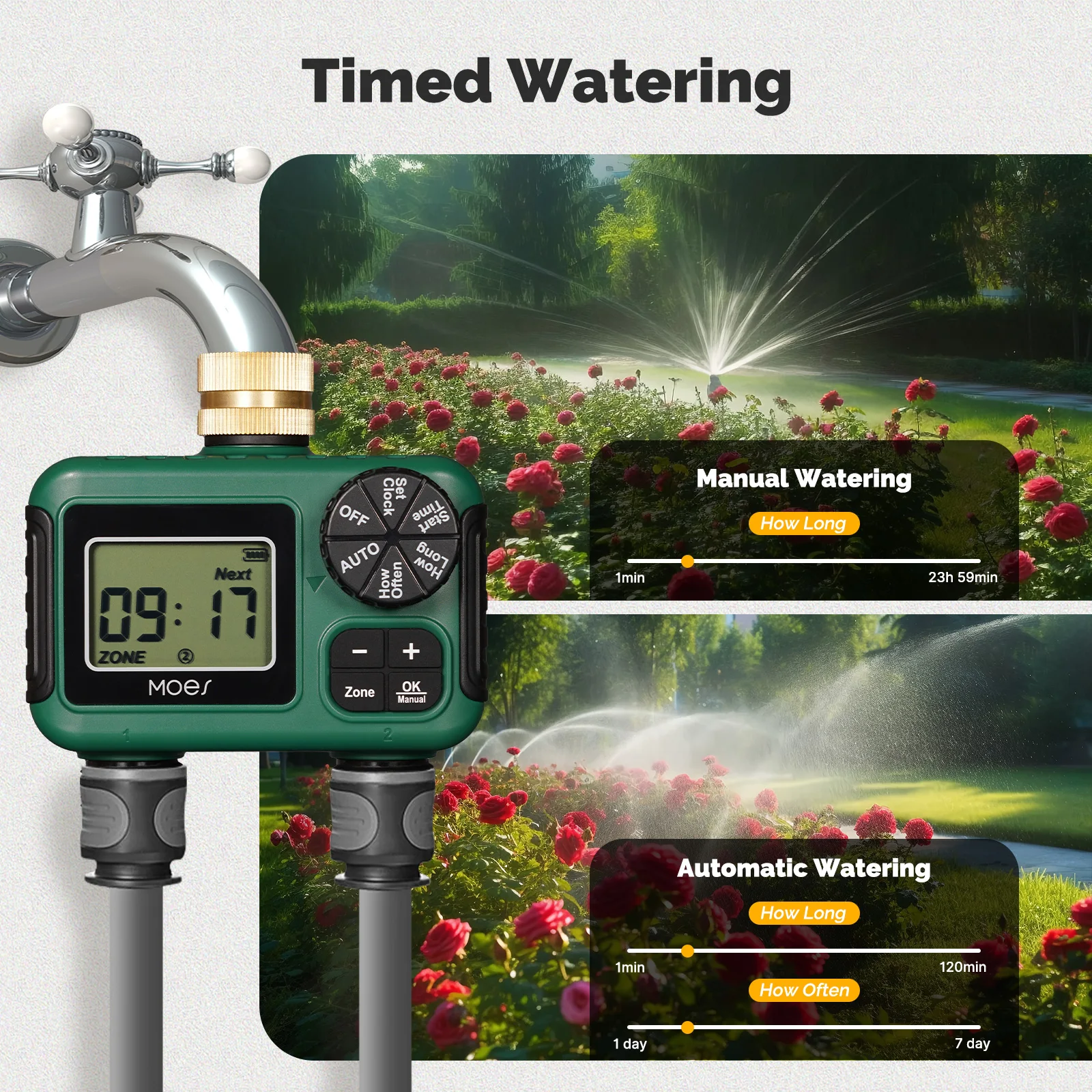 MOES 2-Auslass-Wassertimer, Durcheinander-Einlass, IPX5, wasserdicht, Drehknopf, LCD-Anzeige, Regenverzögerung, Kindersicherung, Gartenbewässerung