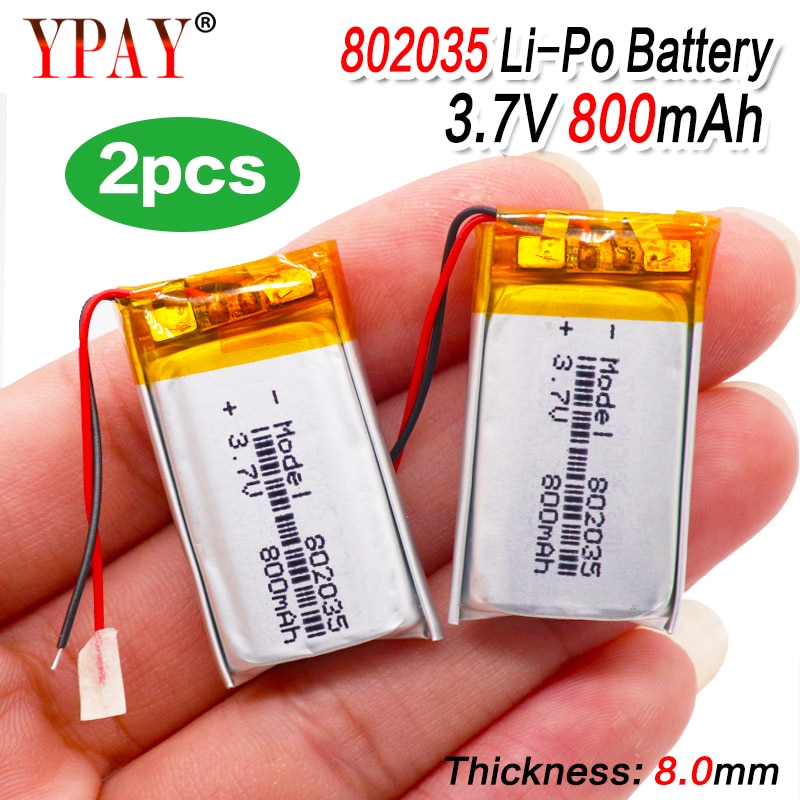 2pcs 3.7V 802035 800mAh Li-ion Polymer Lithium Battery 3.7 Volt Lithium Ion Li-po Li-polymer Batteries Cells