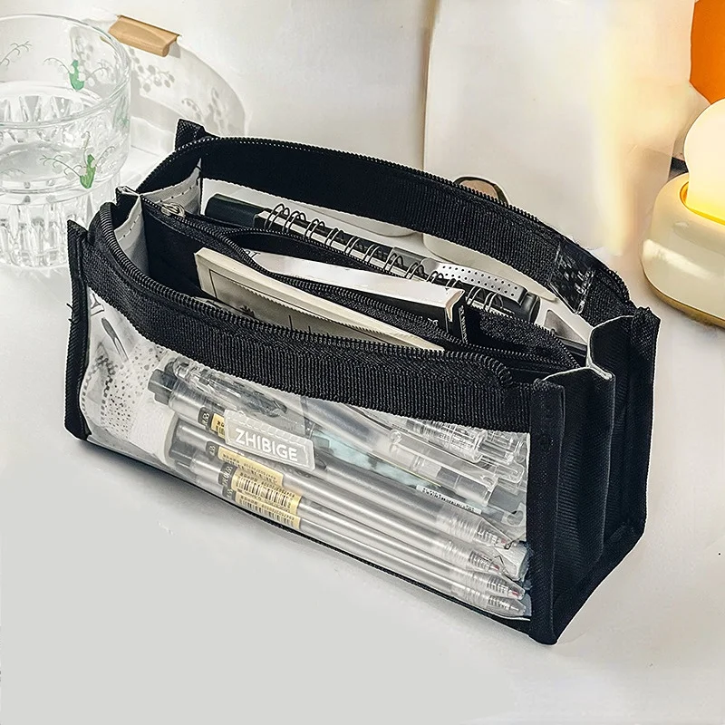 6 Layers Large Capacity Pencils Bag Aesthetic Pen Stationery Supplies Transparent Zipper Pouch for School Girl Pen Case: SKY BLUE