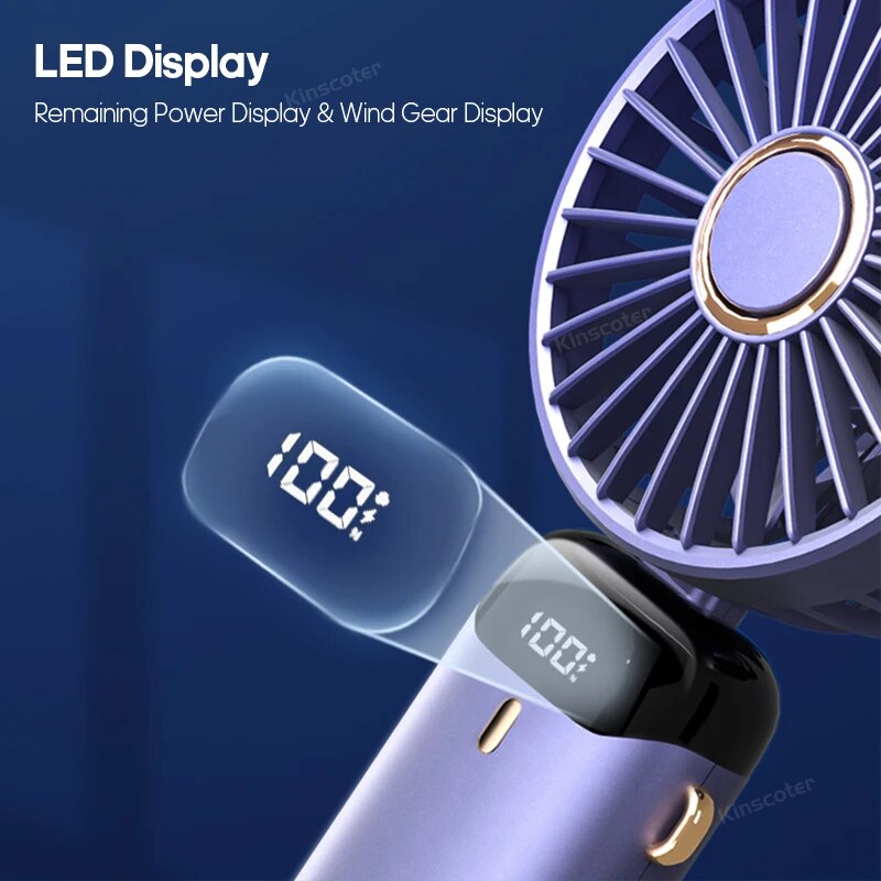 Mini ventilador portátil dobrável usb para pendurar no pescoço, ventilador recarregável de 5 velocidades com suporte para telefone e tela de exibição