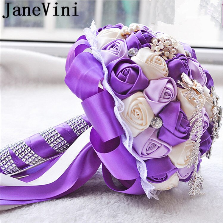 JaneVini Flores Boda Royal Blue Wedding Bridal Bouquet Luxury Crystal Beaded Bride Flower Bouquet Sposa Rhinestones Satin Brooch