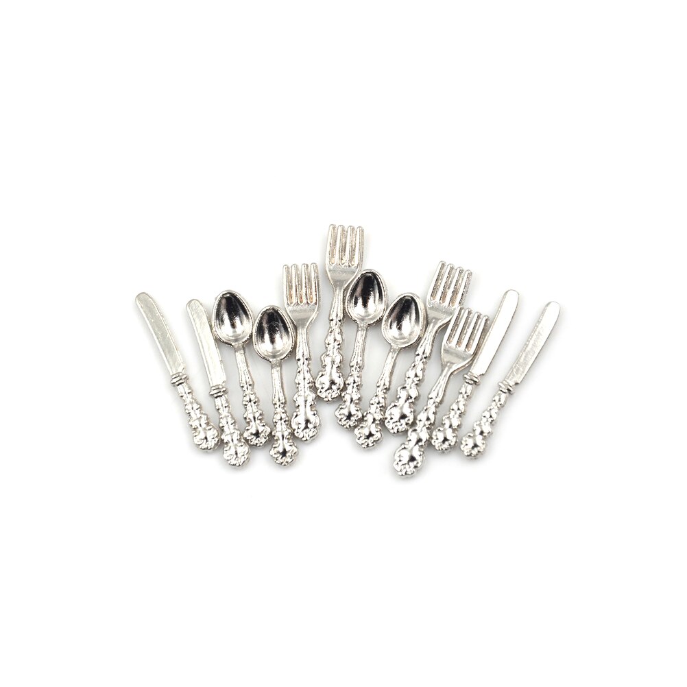 Voedsel Meubels Speelgoed Poppenhuis Miniatuur Accessoires 12PCS 1:12 Vork Mes Soep Lepel Servies Simulatie Keuken: Silver