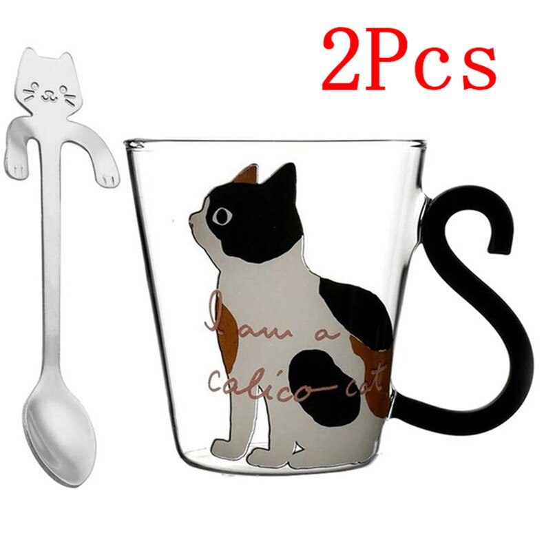 Tazas de vidrio de dibujos animados gato lindo taza de agua con cuchara agitadora desayuno tazas de leche taza de té y café resistente al calor niñas Drinkware: 2pcs White Silver