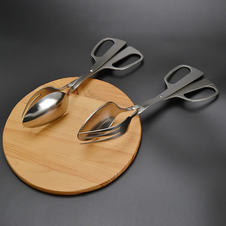 Stainless Steel Salad Servers Spoon Scissor Tong Serving Tools Kitchen Gadgets Accessories