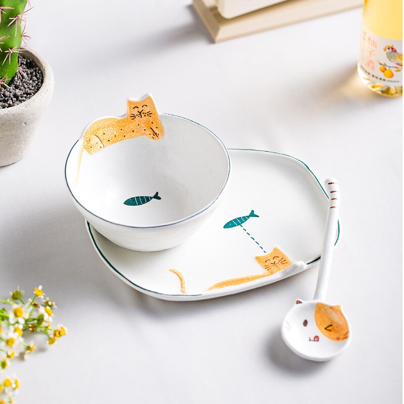 Handpainted Ceramic Cat Plates Bowl Spoon Sets Tableware: 7