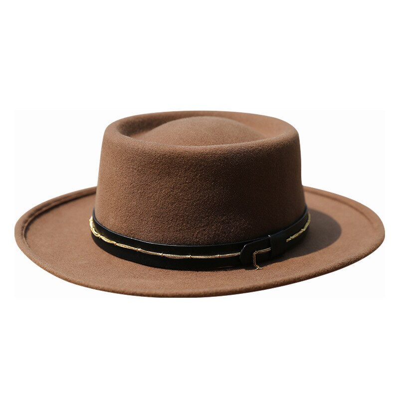 Casquette avec chaîne en feutre de laine pour femmes, chapeau marron à bord plat, casquette en forme de dôme, à la , chapeau Fedora pour église, X4069: Brown