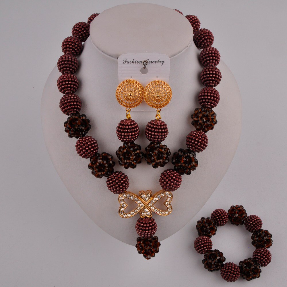 Nigeriaanse bruiloft, prachtige bruidssieraden, afrikaanse sieraden, rode imitatieparel, kristallen sieradenset xx -82: Bruin