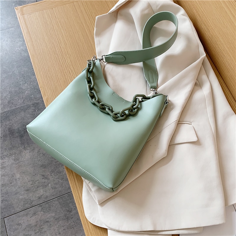 Solid Color PU Leather Bucket Bags For Women Small Chain Shoulder Simple Crossbody Handbags Female Travel Bag: Green