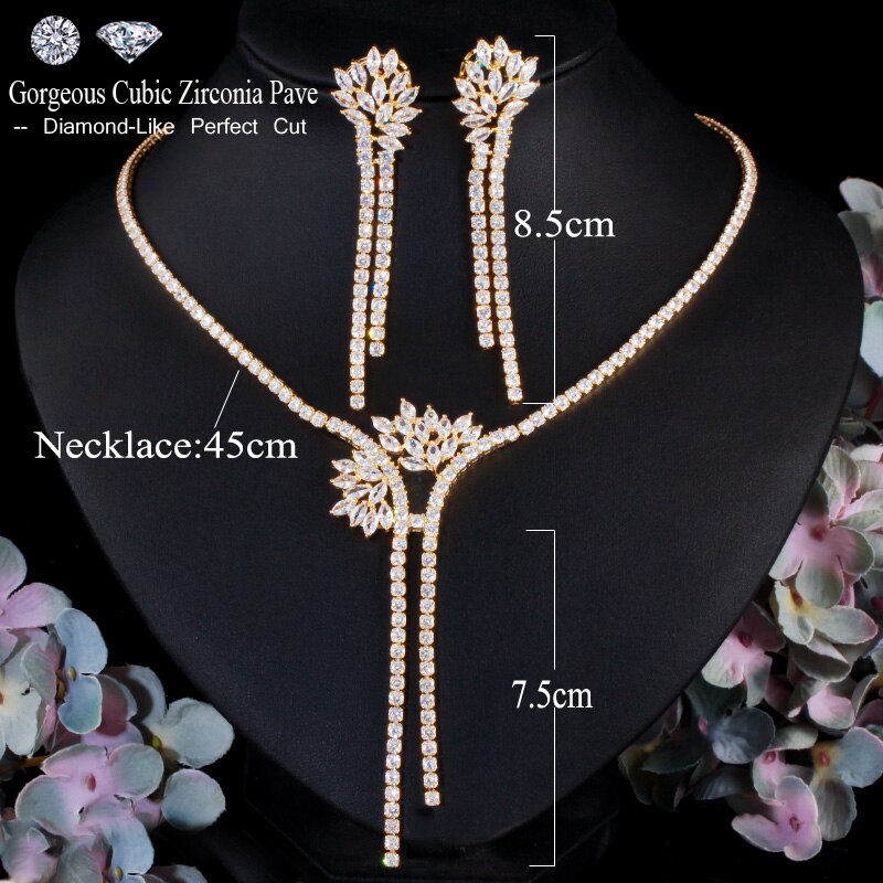 Cwwzircons Dubai Cz Steen Lange Dangle Bridal Tassel Earring Ketting Set Voor Wedding Party Kostuum Sieraden Accessoires T466