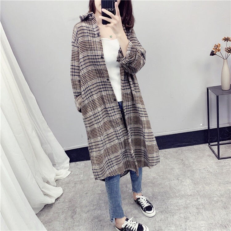 Trenchcoat kvinder efterår turn-down krave plus størrelse 3xl løs plaid chic kausal daglig streetwear lange frakker dame bf: Brun / Xxxl