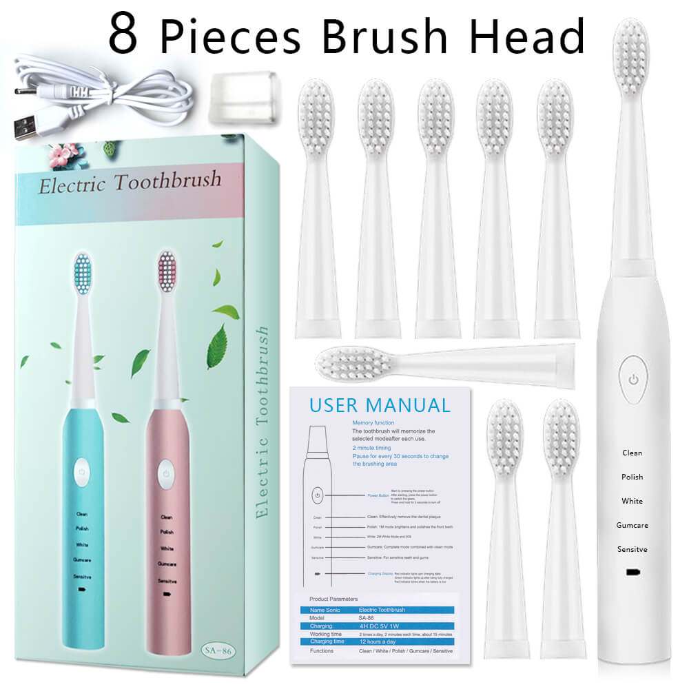 Ultrasonic Electric Toothbrush Rechargeable Dental Scaler Tooth Calculus Cleaner Portable Remover Stains Dentist Brush Heads Box: White with 8 heads