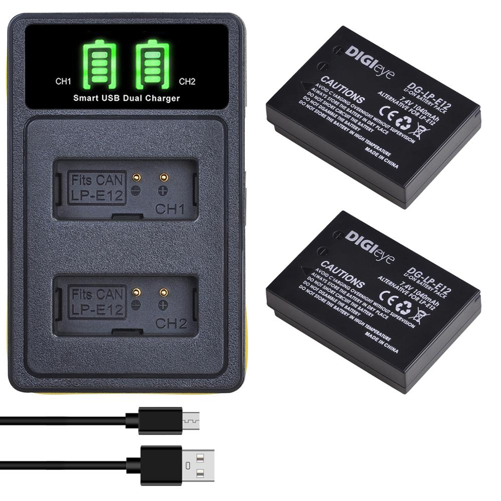 LP-E12 LPE12 LP E12 Batteria Ricaricabile + LED Dual USB Caricabatteria per Canon Rebel SL1, EOS-M, EOS M2, EOS M10, EOS M50, EOS M100: 2 battery set