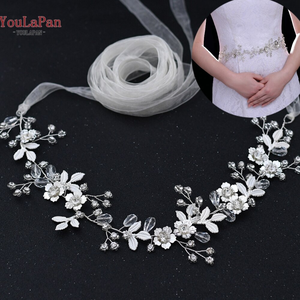 YouLaPan SH350 Wedding Dress Belt Bridal Rhinestone Sash with White Ribbon for Bridesmaid Crystal Party Gown Dress Belts