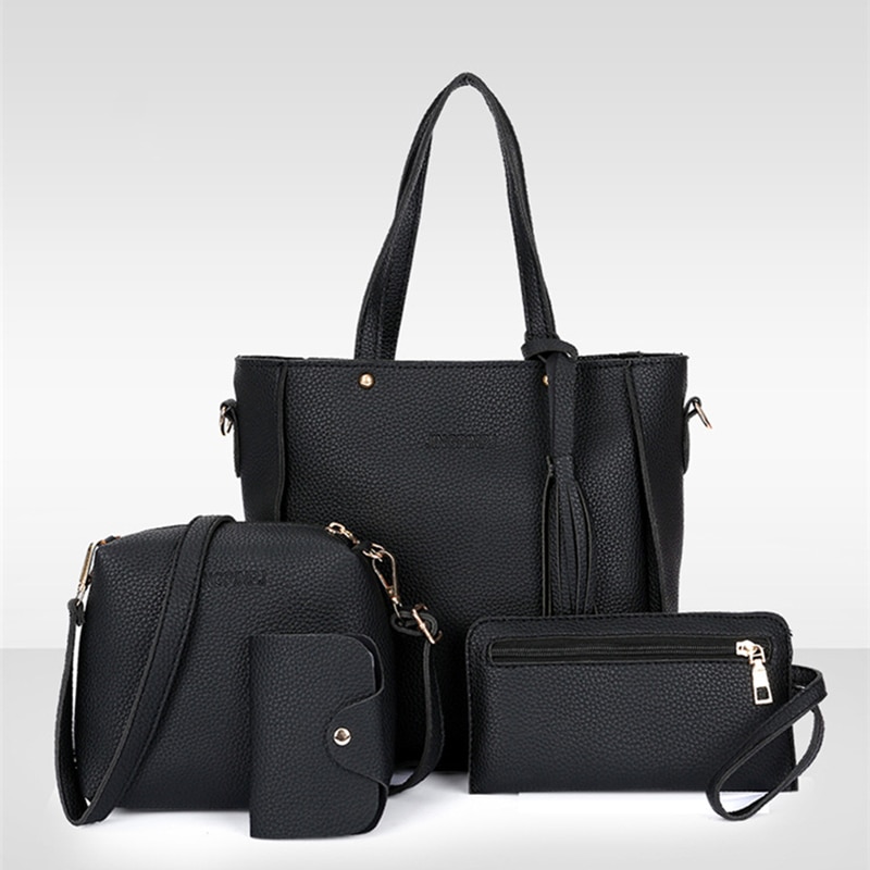 Conjunto de Tarjetero con asa superior para mujer, bolso de hombro con borla de gran capacidad, Cartera de cuero PU, cruzado, 4 Uds.
