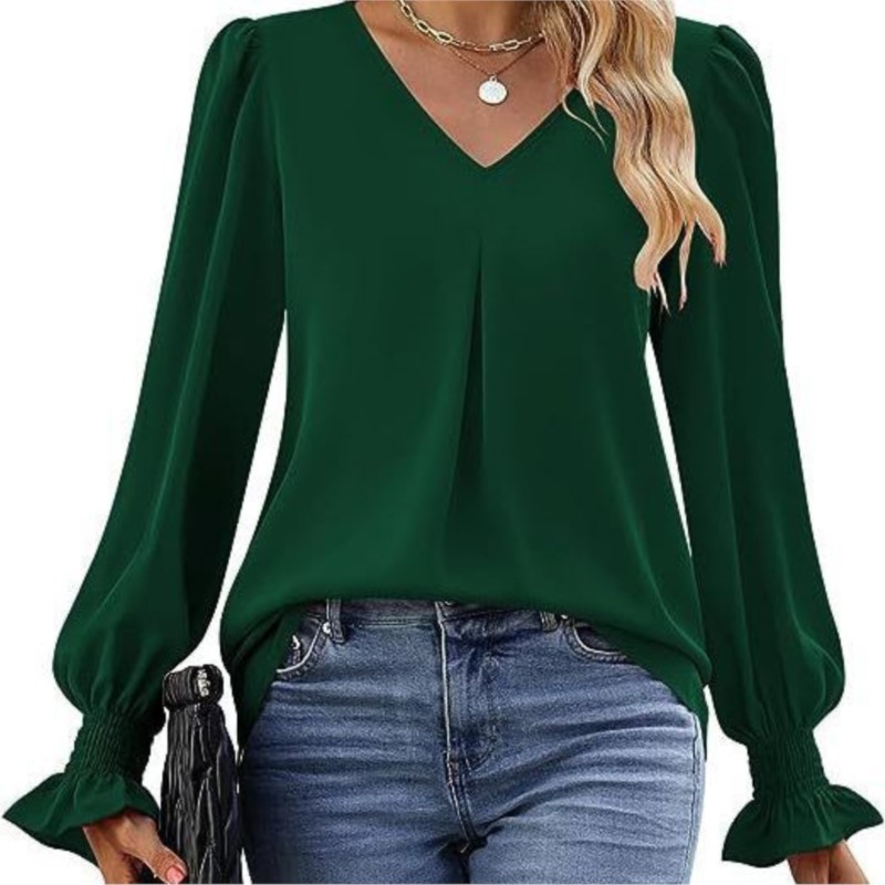 Solid Color Women's Shirt Autumn Item Solid Color Chiffon Shirt V-neck Pullover Trumpet Long Sleeved Top Blouse