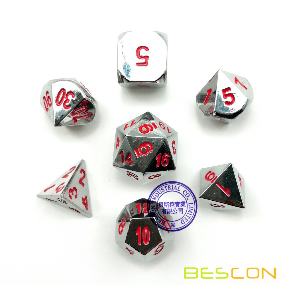 Bescon Zware Shiny Chrome Metal Dice Set Van 7, solid Metallic Chrome Polyhedral Rol Playing Game Dobbelstenen Set W/Rode Cijfers