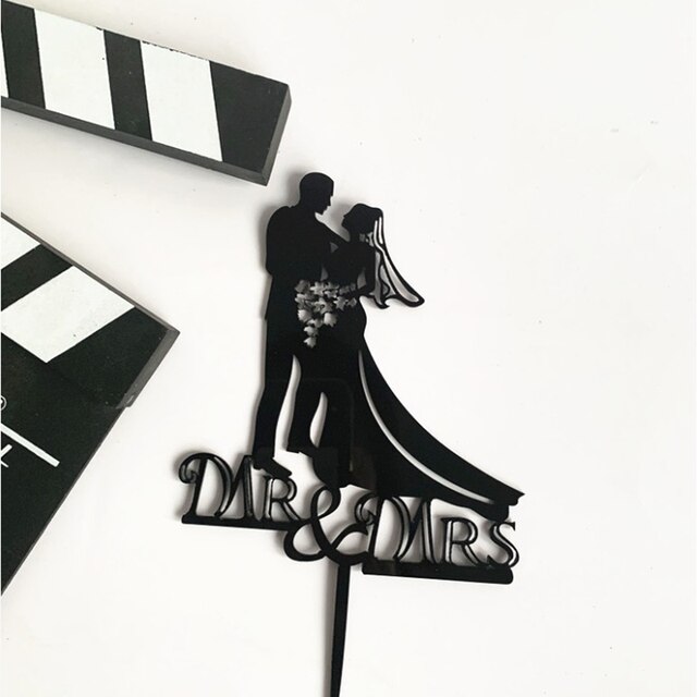 Wedding Cake Topper Mr Mrs Bride Groom Cake Decoration for Proposal Engagement and Wedding Gold and Black: D Black