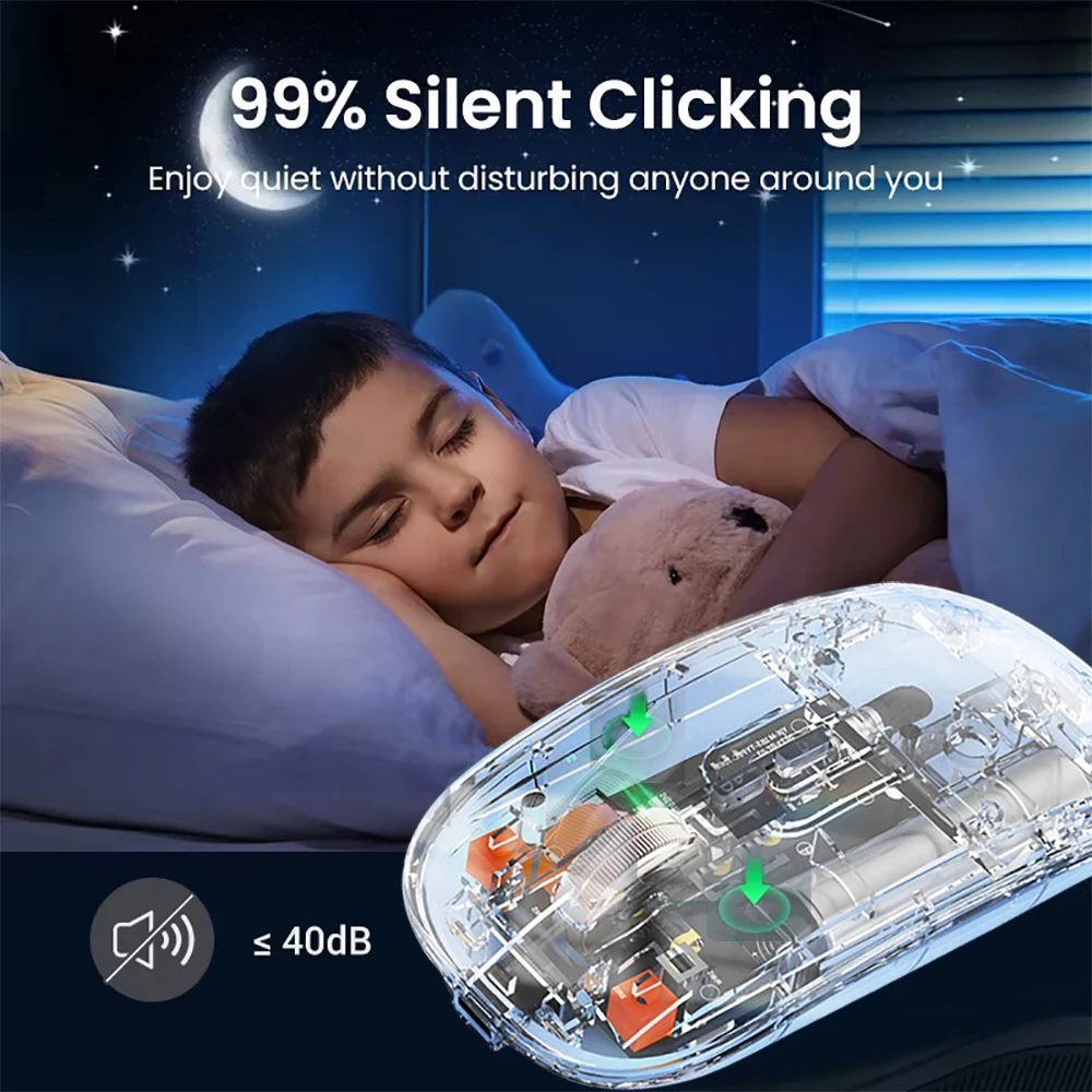 Dual Bluetooth 5.0 Mouse 2.4G Wireless Mouse Tri-Mode Transparent Mouse 2400DPI Silent Mouse 500mAh Rechargeable Mice for Laptop