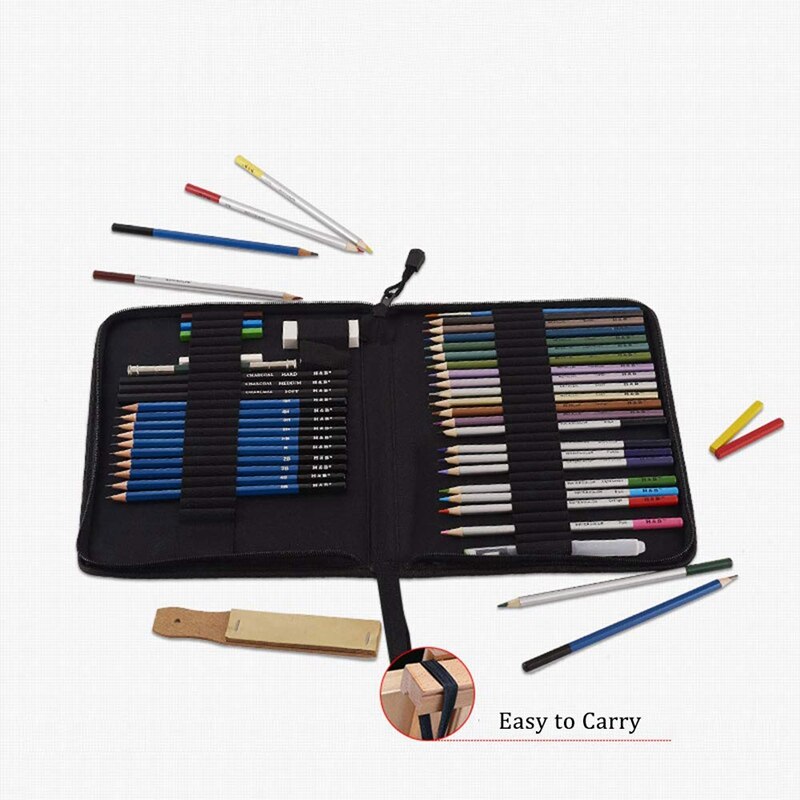 H & B 51 unids/set Kit de dibujo lápiz de madera dibujando lápices boceto de arte suministros de pintura con bolsa de transporte