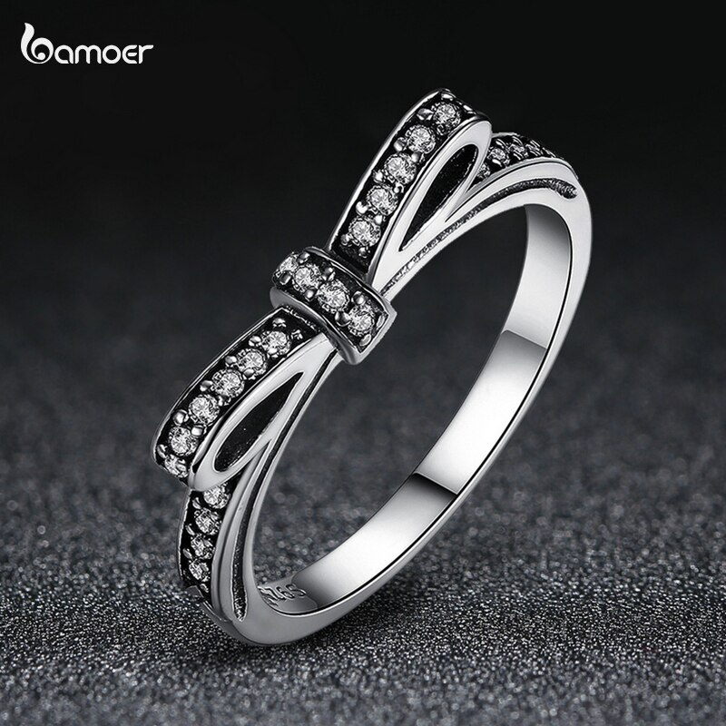Bamoer 925 Sterling Silber Funkelnden Bogen Knoten Ringe Mikro Pflastern CZ für Frauen glänzend Zirkon Hochzeit Jahrestag Schmuck Pa7104