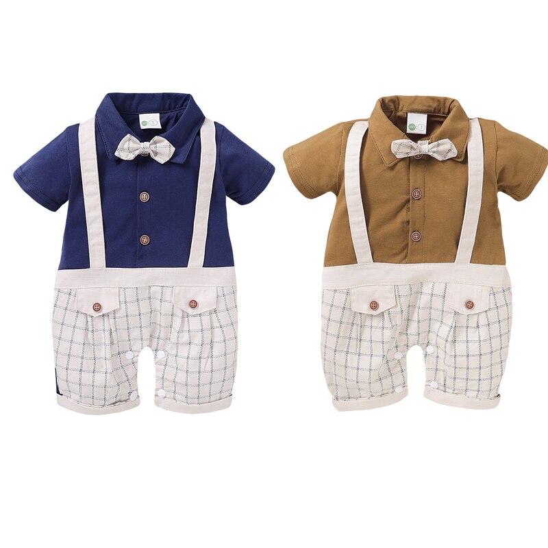 0-18M Gentleman Kinderen Jongens Rompertjes 2 Kleuren Korte Mouwen Plaid Patchwork Causale Jumpsuits Outfits