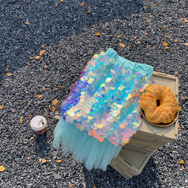 Gonna a coda di pesce con paillettes per ragazze 2-7Y moda per bambini New Spring Mermaid Princess Skirt Patchwork Mesh tromba gonne longuette