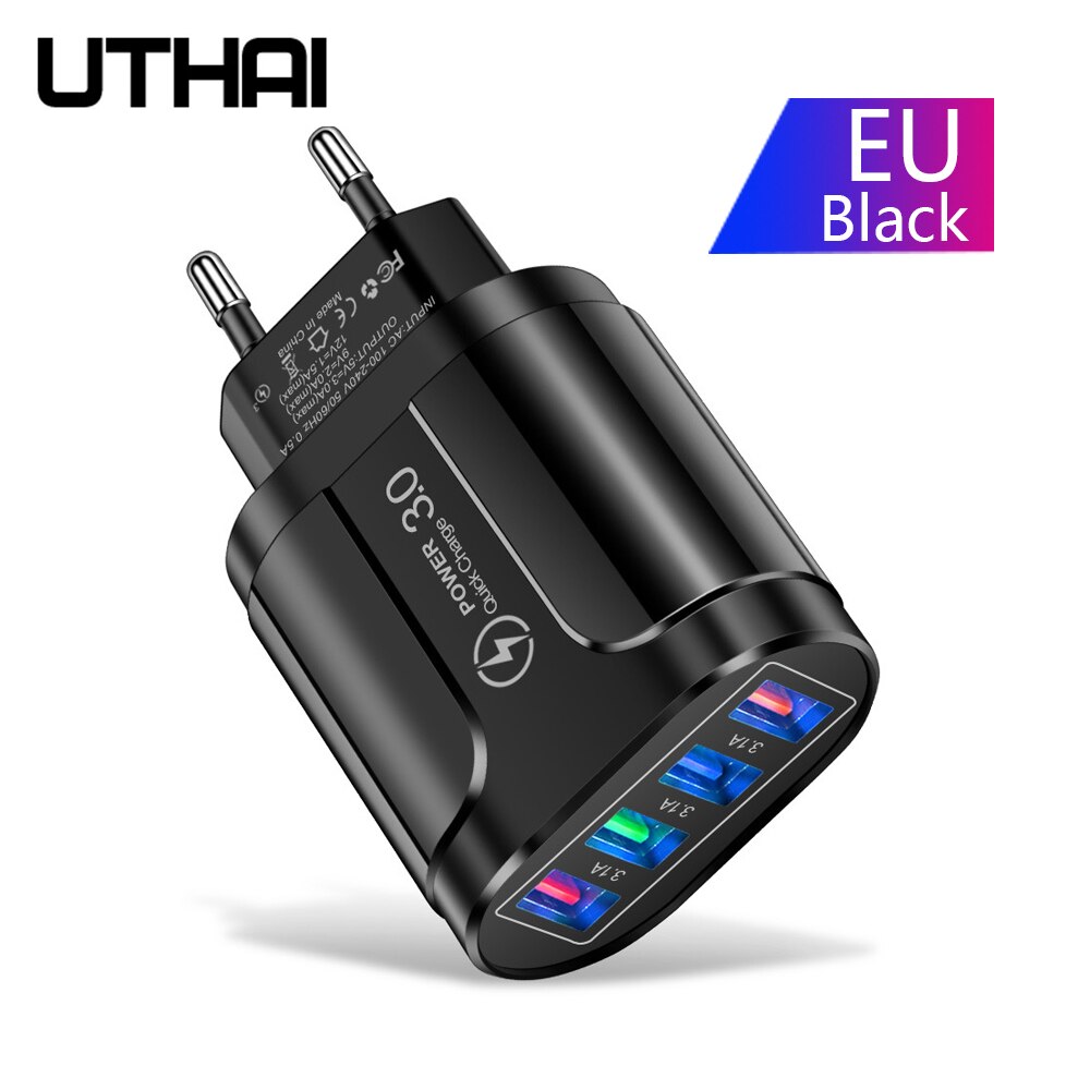 Uthai HC-385 3A 4-Port Mobiele Telefoon Oplader Led Licht 4 Usb Lader Opladen Hoofd Mobiele Telefoon Reislader