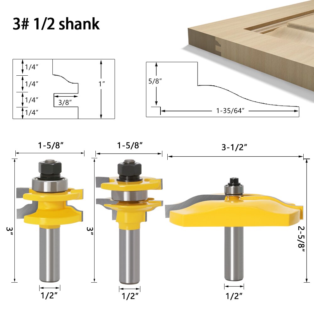3pcs 1/2" Shank Rail & Stile Ogee Blade Cutter Panel Raised Cabinet Router Bit Set Door Tenon Woodworking Tools