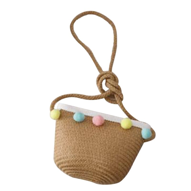 Gorro de paja tejida con ala ancha para niños y niñas, gorro de playa con pompón colorido, cubo flexible, bolso portátil: BB7314KK2