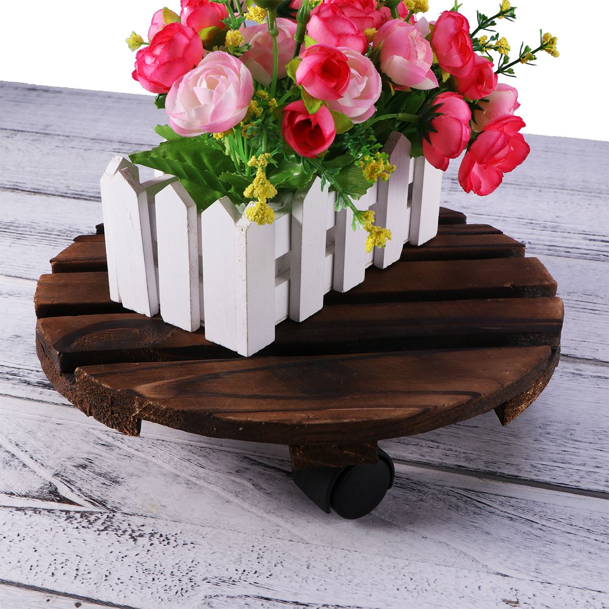 Wheeled Rolling Wooden Planter Caddy Movable Plant Flower Pot Stand with Wheels for Outdoor Garden Home
