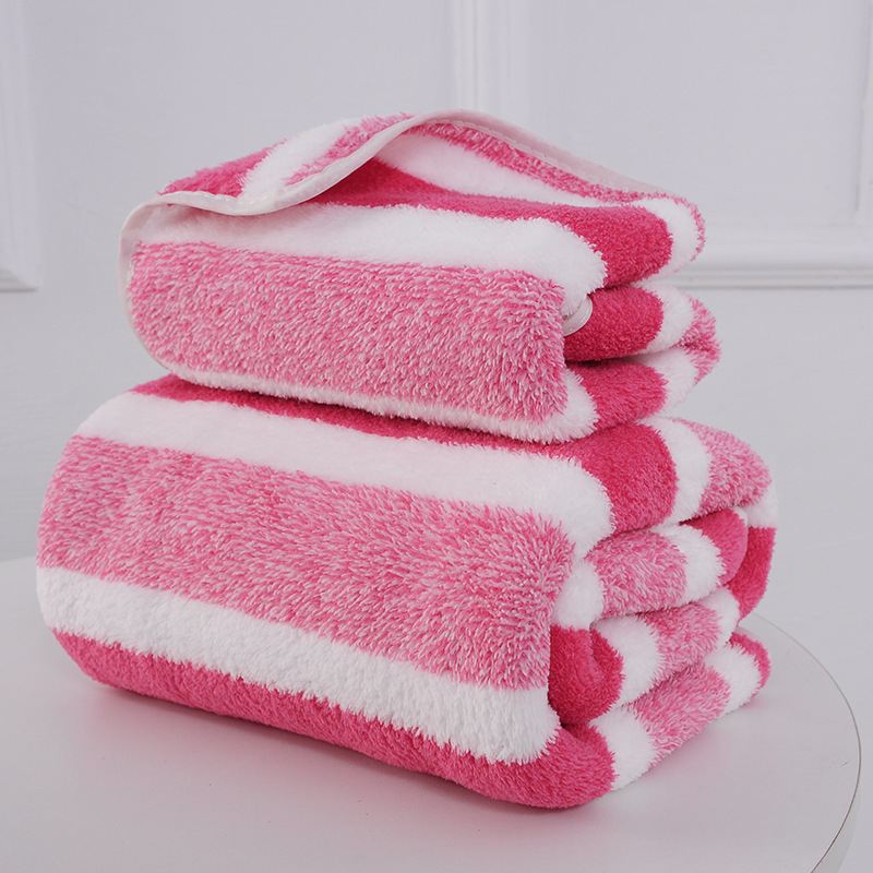 Bath towel set Stripes Absorbent Quick Drying coral fleece Soft Adults Face Hand Towels Bathroom Microfiber Swim Bath Towels: Pink