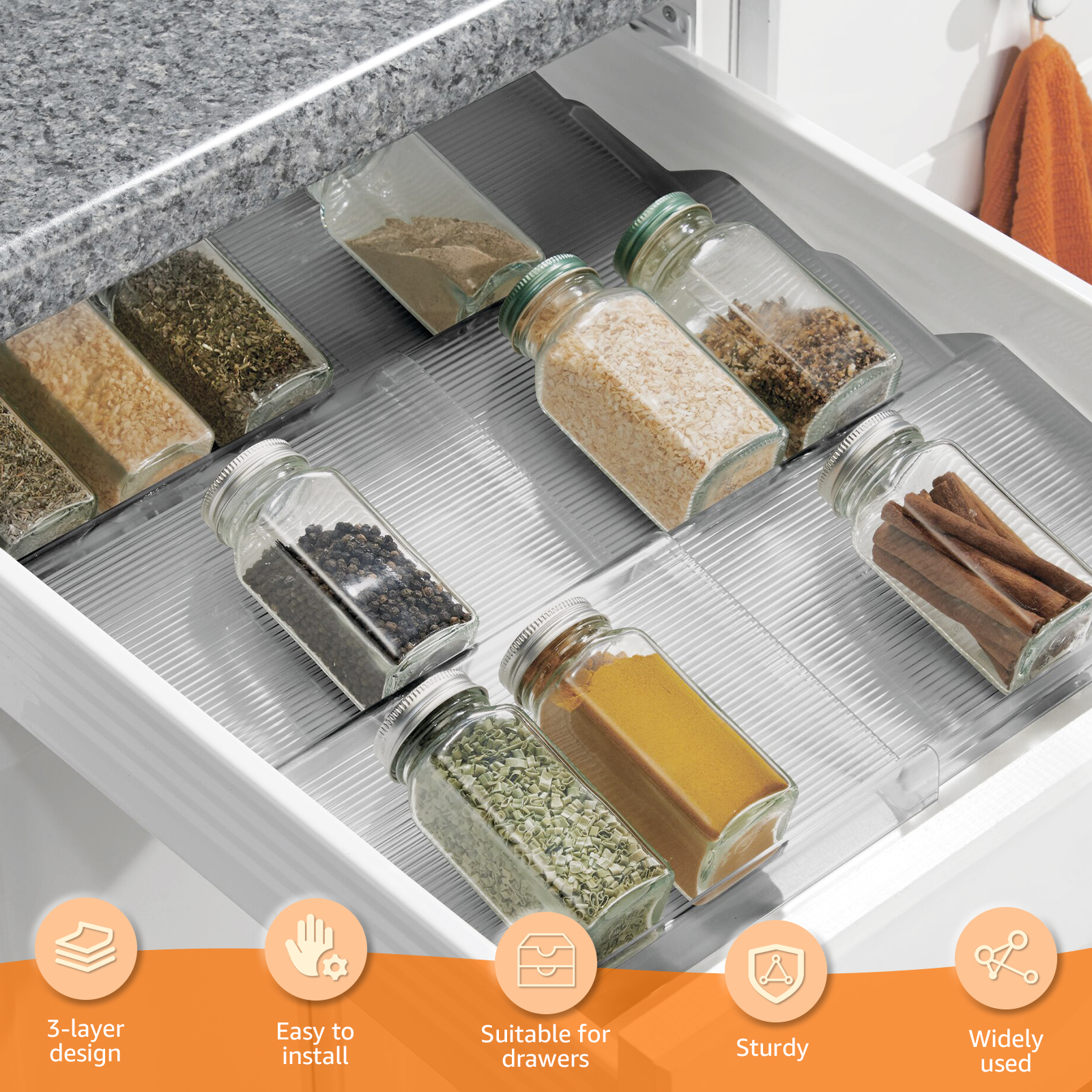 3 Tiles Telescopic Spice Drawer Rack Large-Capacity Acrylic Storage Tray Kitchen Versatile Drawer Organizer for Reasoning Jar