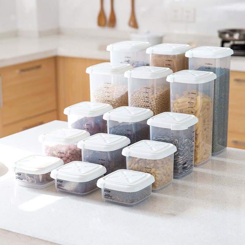 4 Different Capacity Plastic Sealed Cans Kitchen Storage Box Transparent Food Canister Keep Fresh Clear Container Pasta Box